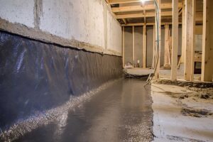 A person inspecting a concrete basement wall with visible cracks near the floor.