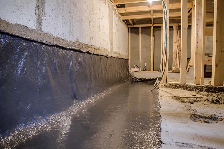 A person inspecting a concrete basement wall with visible cracks near the floor.