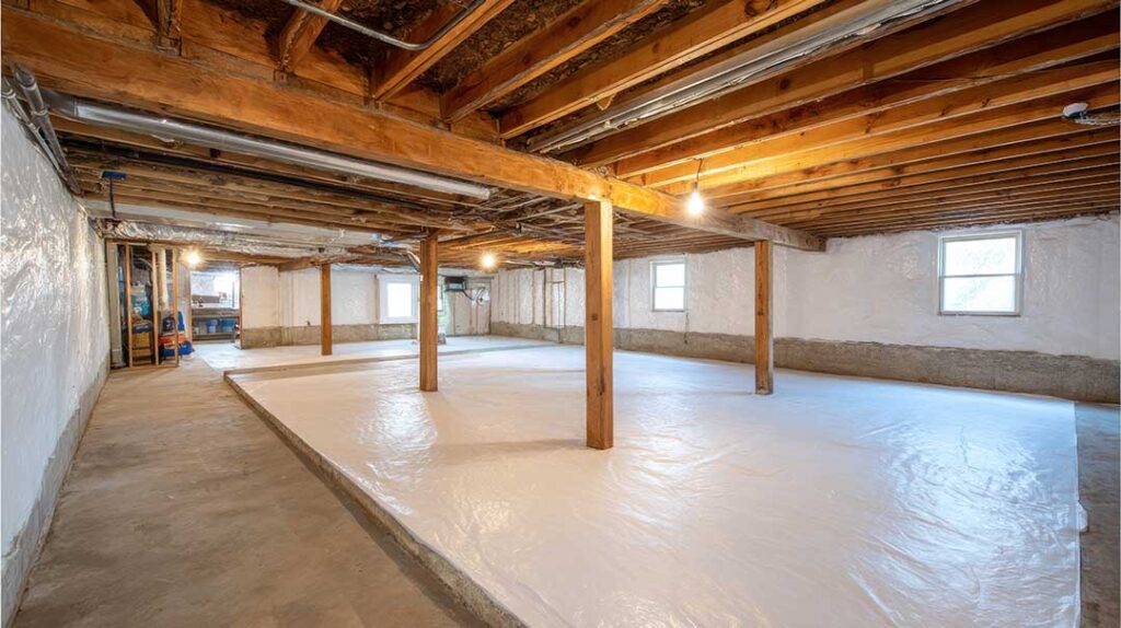 A person inspecting pipes and foundation walls in a finished basement for moisture or leaks.