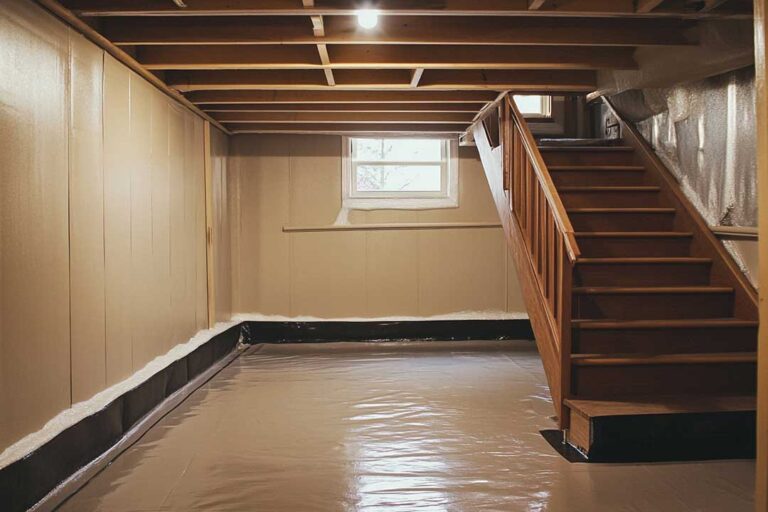 A person inspecting a basement wall with visible moisture stains near a concrete floor.