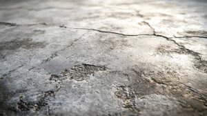 A person inspecting a basement wall with visible moisture and condensation on the surface.